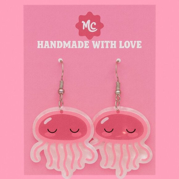 Pink Jellyfish Earrings — Cute Ocean Kawaii Dangle Jewelry - Picture 4 of 4